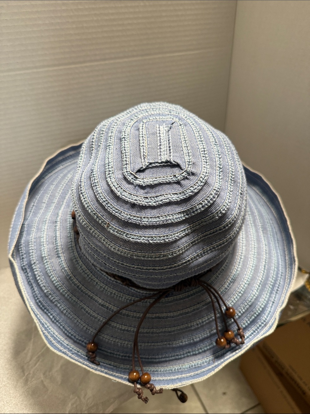 Wide-Brim Blue Straw Sun Hat with Beaded Trim and Chin Strap